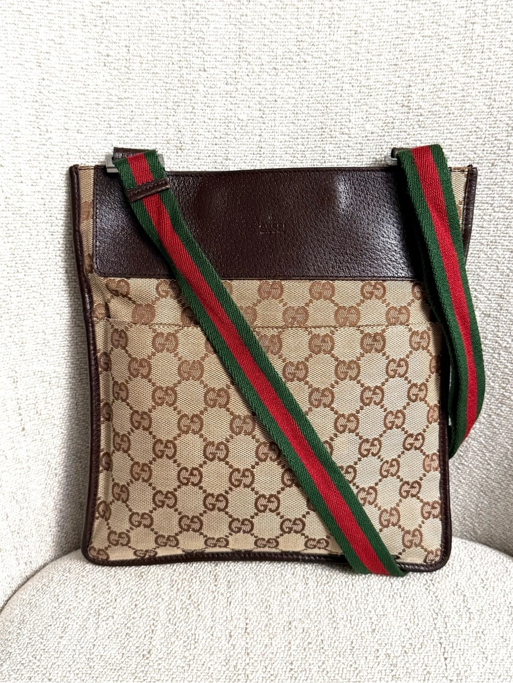 Authentic GUCCI brown monogram canvas crossbody bag red green strap